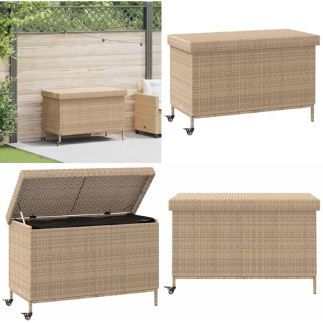Baúl de jardín con ruedas ratán sintético beige 110x55x73 cm - Almacenamiento exterior - Caja de jardín con ruedas