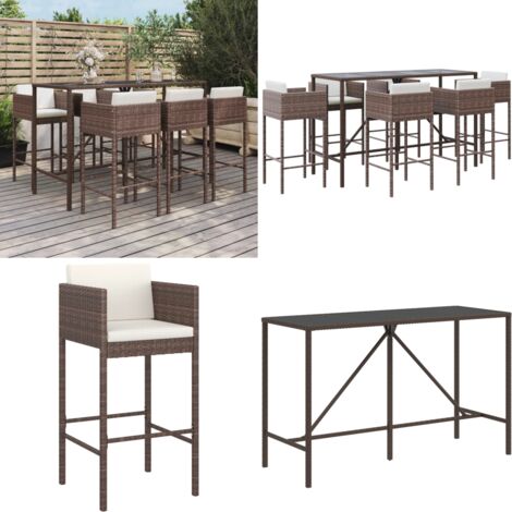 Mesa y taburetes altos jardín 7 pzas y cojines ratán PE marrón - Taburete de bar - Cojín de asiento