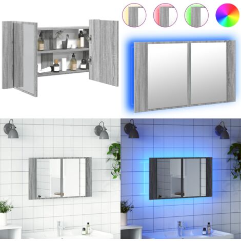Armario espejo de baño con luz LED acrílico gris 80x12x45 cm - Espejo LED - Armario con luz RGB