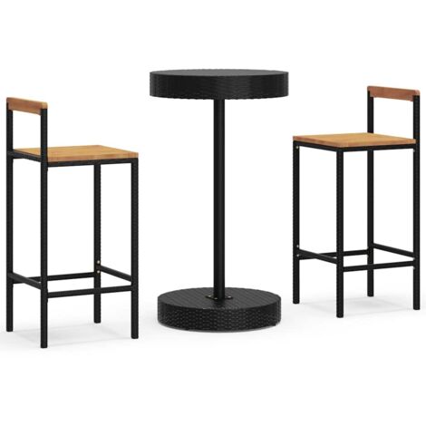 Mesa bar y taburetes jardín 3 pzas madera acacia ratán PE negro ...