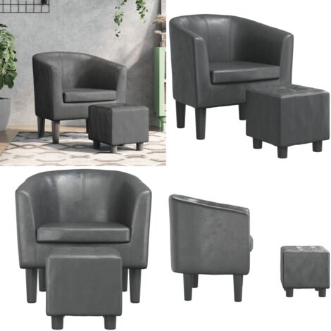 Sillón con taburete cuero sintético gris - Sillón cuero sintético - Sillón gris