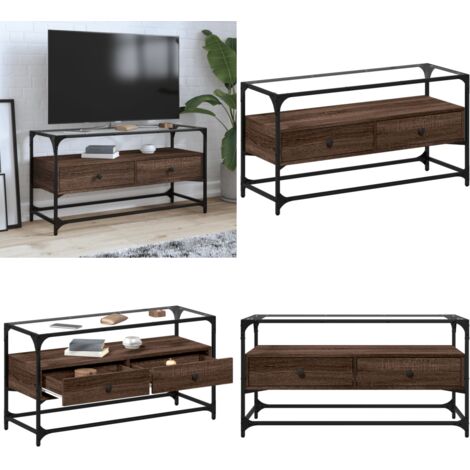 Mueble TV cristal y madera ingeniería marrón roble 98x35x51 cm - Mueble de cristal y madera - Mueble industrial