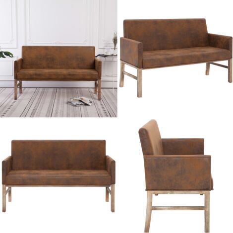 Banco con reposabrazos piel de ante artificial marrón 140 cm - Banco con reposabrazos - Piel de ante artificial
