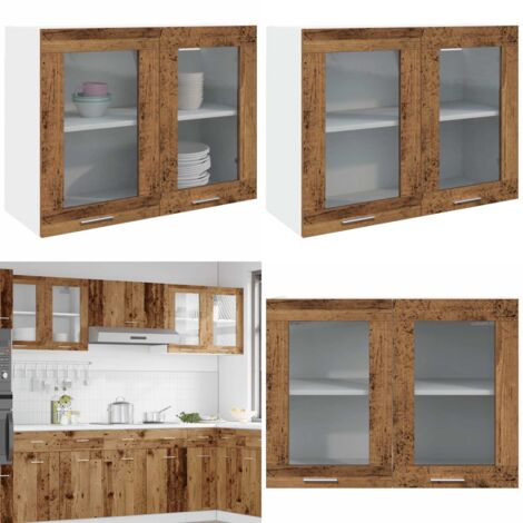 Vitrina colgante "Lyon" de madera vieja, 80x31x60 cm, madera de ingeniería - Almacenamiento de cocina - Muebles de vidrio