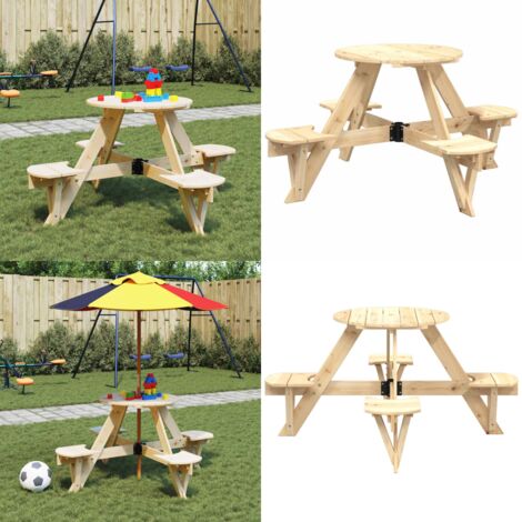 Mesa de picnic para 4 niños agujero para sombrilla madera abeto - Mesa de picnic con asientos - Mesa de picnic para 4 niños