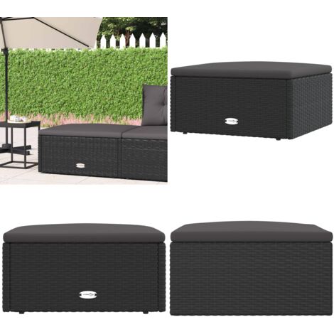 Taburete de jardín con cojín ratán sintético negro - Asiento de jardín - Cojín sintético