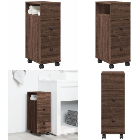 Armario de baño estrecho con ruedas madera marrón roble - Armario de almacenamiento - Mueble de baño