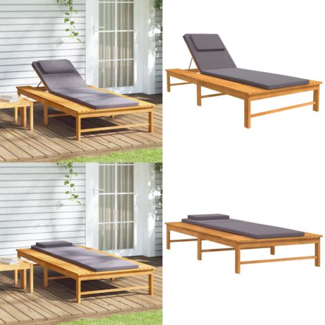Tumbona con cojín gris oscuro y almohada madera maciza acacia - Tumbona de acacia - Tumbona con respaldo ajustable