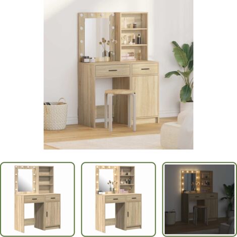 Tocador con luz LED -  Conjunto de mesa de vestidor con LED 2 pcs Roble Sonoma