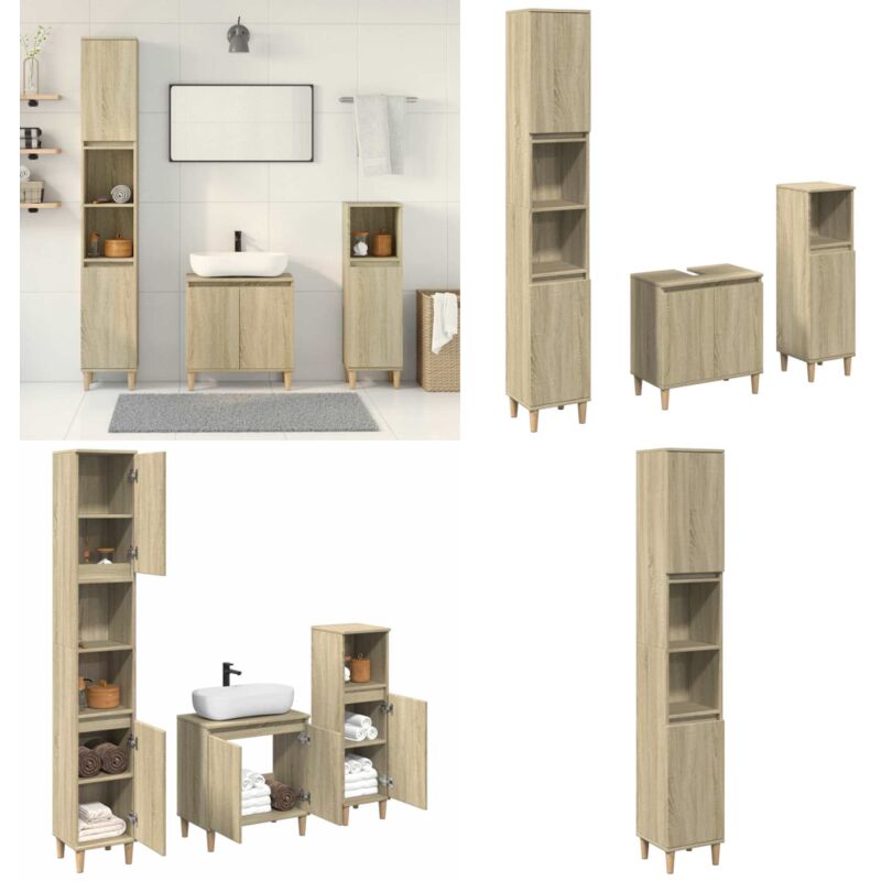 Set Mobili Da Bagno 4 Pezzi In Rovere Sonoma – Armadietto Alto, Colonna E Mobile Sottolavabo Con Specchio, In Truciolato Resistente All'umidità, Salvaspazio E Pratico