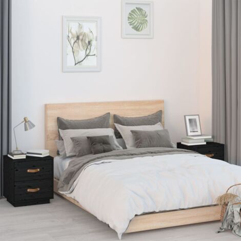 PIXZSSI Comodini In Legno Massello Di Pino | 2 Pezzi Colore Nero | 40x35x61,5 Cm Con 2 Cassetti | Design Classico Per Camera Da Letto