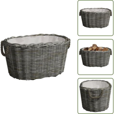 The Living Store Cesta per Legna con Maniglie 59x42x28 cm Salice Grigia - Cesta per legna da ardere