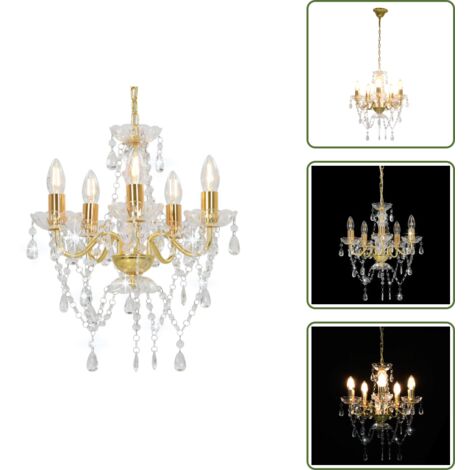 The Living Store Lampadario con Perline di Cristallo Dorato Tondo 5 E14 - Lampadario dorato