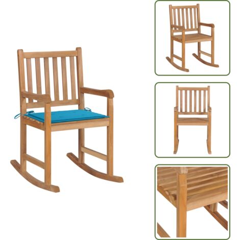 The Living Store Sedia a Dondolo con Cuscino Blu in Massello di Teak - Sedia da giardino