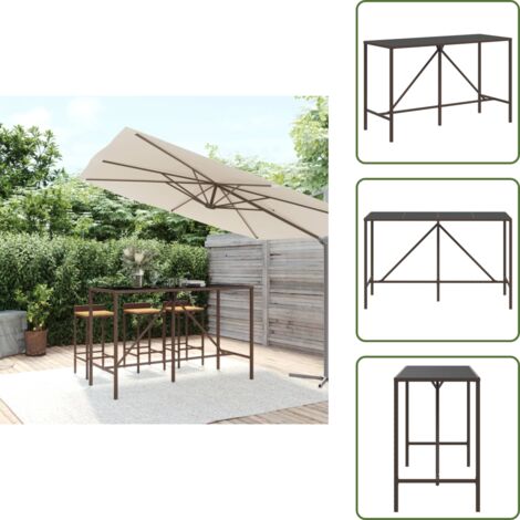 The Living Store Tavolo Bar con Piano in Vetro Marrone 180x70x110 cm Polyrattan - Tavolo da giardino