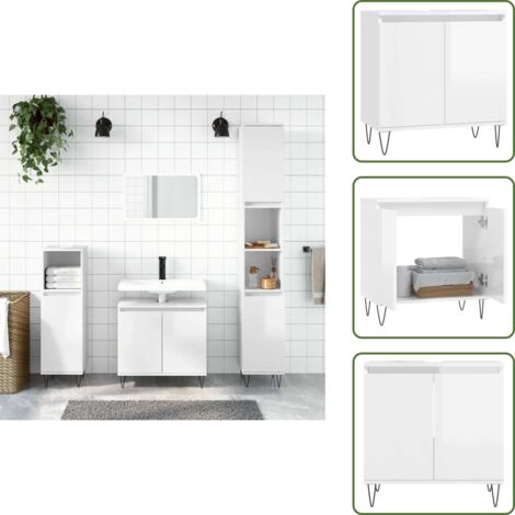 The Living Store Armadietto Bagno Bianco Lucido 58x33x60cm in Legno Multistrato - Armadio da bagno