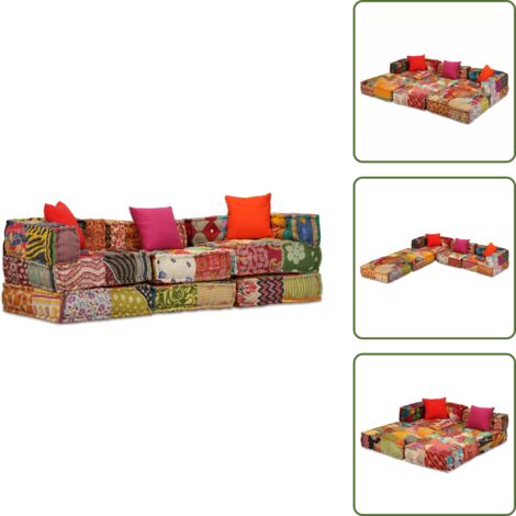 The Living Store Pouf Modulare a 3 Posti in Tessuto Patchwork - Divano letto