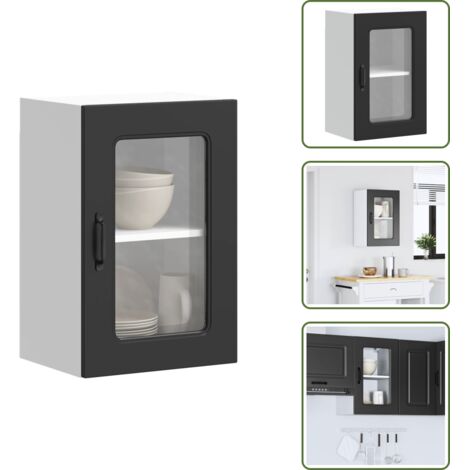 The Living Store Pensile da Cucina con Porta in Vetro Kalmar Nero Truciolato - Pensile da cucina