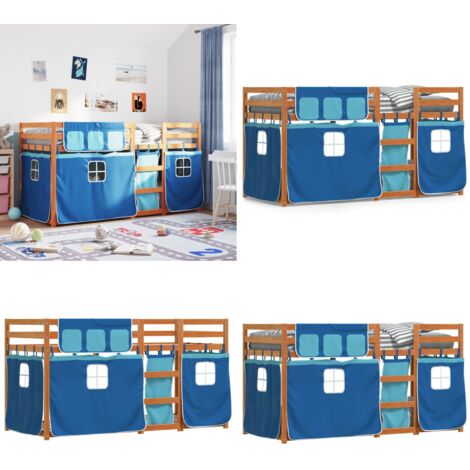 Letto a Castello senza Materasso Blu 90x200cm Massello Pino - Letto a castello con tende - Letto a castello in legno