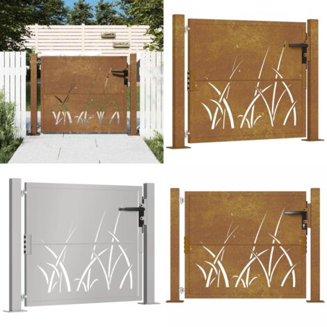 Cancello da giardino 100x75 cm in acciaio Corten con design erba - Acciaio corten - Cancello con serratura