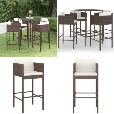 Set da Bar da Giardino 5 pz con Cuscini in Polyrattan Marrone - Sedile da bar - Tavolo da bar