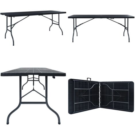 Tavolo da Giardino Pieghevole Nero 180x75x72 cm in Rattan HDPE - Tavolo da picnic - Tavolo da campeggio