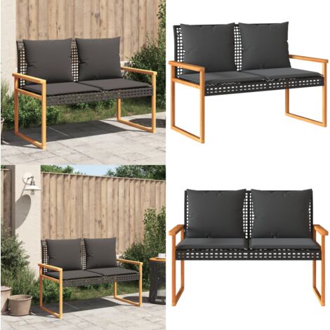 Panca da Giardino con Cuscino Nera in Polyrattan e Legno Acacia - Seduta da esterno - Cuscino da seduta