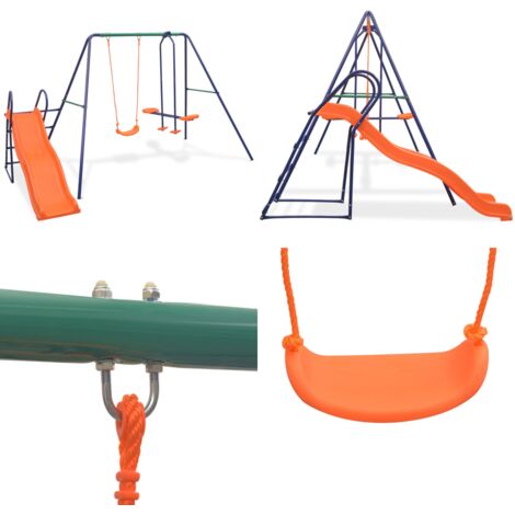 Set Altalene con Scivolo e 3 Sedili Arancione - Set di altalene - Scivolo per bambini