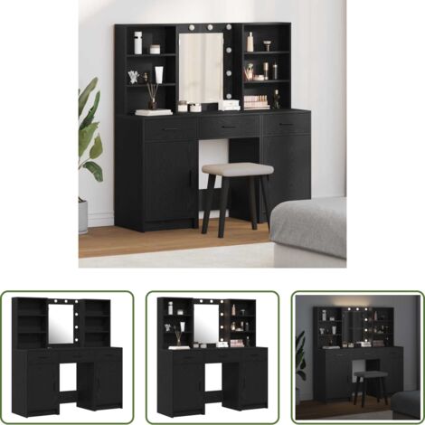 Set da trucco con cassetto -  Set da tavolo da trucco con LED con cassetto 3 pcs Rovere Nero