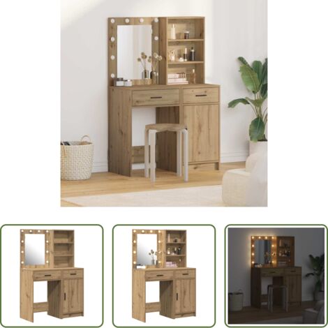 vidaXL Tavolo da trucco in legno -  Set da tavolo da trucco con LED 2 pcs Rovere artigianale