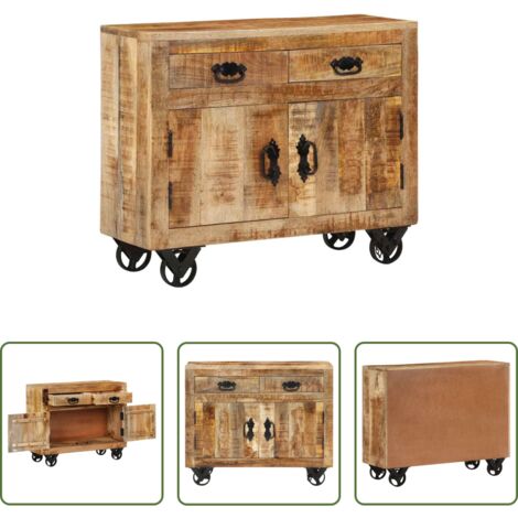 Credenza con ruote -  Credenza 80x30x65 cm in Legno Grezzo Massello di Mango