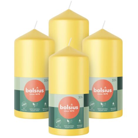Bolsius Candele a colonna, confezione da 4 pezzi, 12 x 6 cm, candele decorative per la casa, lunga durata di 33 ore, inodore, cera vegana naturale, senza olio di palma (1/5)