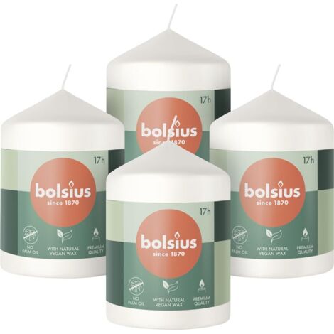 Bolsius Candele a colonna – Bianco – Confezione da 4 – 8 x 6 cm – lunga durata di 17 ore – non profumate – cera vegana naturale – senza olio di palma (1/4)