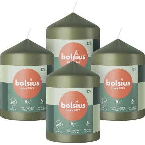 Bolsius Candele a colonna - colore verde - confezione da 4 – 8 x 6 cm – lunga durata di 17 ore – non profumate – cera vegana naturale – senza olio di palma (1/5)