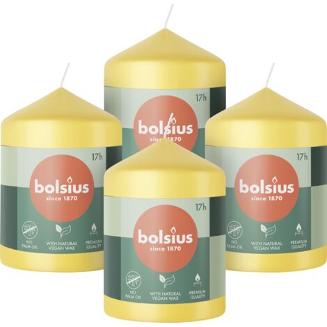 Bolsius Candele a pilastro, colore giallo, confezione da 4, 8 x 6 cm, lunga durata di 17 ore, non profumate, include cera vegana naturale, senza olio di palma (1/5)