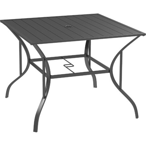 94 x 94 cm Garden Table with Parasol Hole, Outdoor Dining Garden Table for Four with Slatted Metal Plate Top, Dark Grey