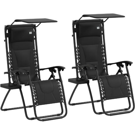 Zero Gravity Lounger Chair Set of 2, Folding Reclining Patio Chair with Shade Cover, Padded Seat, Cup Holder, Soft Cushion and Headrest for Poolside, Camping, Black (1/5)
