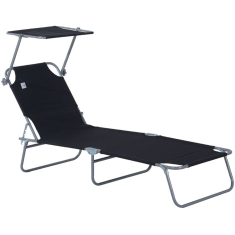 Reclining Chair Sun Lounger Folding Lounger Seat with Sun Shade Awning Beach Garden Outdoor Patio Recliner Adjustable (Black) (1/5)