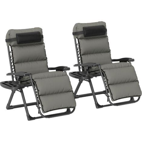 Set of Two Reclining Sun Loungers, with Cushion - Grey