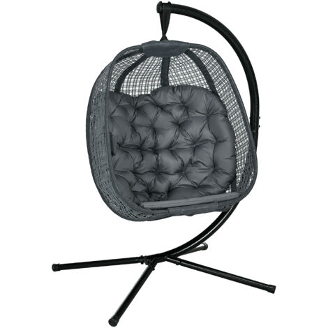 Outdoor Swing Chair with Thick Padded Cushion, Patio Hanging Chair with Metal Stand, Egg Chair with Foldable Basket, Cup Holder, for Indoor and Outdoor, Dark Grey