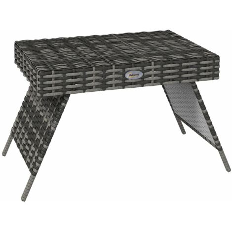 Foldable Outdoor Side Table, Rattan Garden Coffee Table with Steel Frame, Space Saving Bistro Garden Furniture for Patio, Balcony, 60 x 41 x 41 cm, Mixed Grey