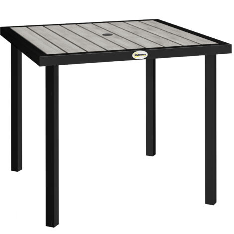 Square Garden Dining Table with 5.4cm Parasol Hole, Slatted Top, Metal Frame, 86 x 86 x 71 cm, Light Grey