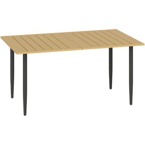 Garden Dining Table, 150 x 90 cm Rectangle Outdoor Table with 5 cm Parasol Hole, Slatted Tabletop and Steel Frame for Patio Balcony, (Table Only) Brown (1/5)