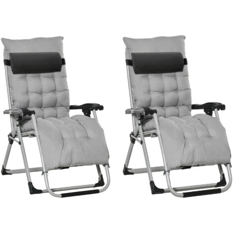 2pc Reclining Zero Gravity Sun Loungers ,Folding Chaise Lounge Chair with Cushions, Light Grey (1/5)