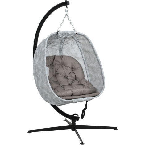 Hanging Egg Chair Outdoor Indoor Garden Swing Chair with Folding Basket, Garden Hanging Chair with Stand, Thickened Cushion, Cup Holder for Patio, Balcony, Sand Brown (1/5)