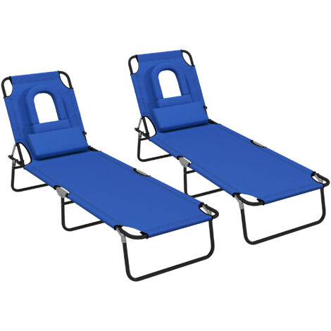 Outdoor Foldable Sun Lounger Set of 2, 4 Level Adjustable Backrest Reclining Sun Lounger Chair with Pillow and Reading Hole, Blue UK (1/5)
