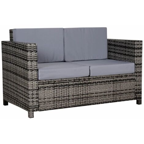 Rattan Sofa, 2 Seater Garden Furniture with Soft Padded Cushion and Armrests, Wicker Garden Loveseat for Patio, Mixed Grey (1/5)