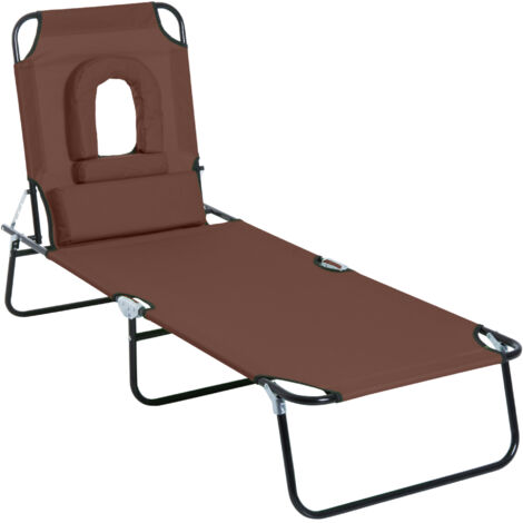 Sun Lounger with Pillow and Reading Hole, Foldable Reclining Chair, Garden Beach Outdoor Recliner, Adjustable, Brown (1/5)