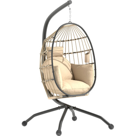 Hanging Egg Chair Outdoor Indoor Garden Swing Chair with Folding Basket and Thickened Cushion, Garden Hanging Chair with Stand, Headrest, Cup Holder for Patio, Balcony, Khaki