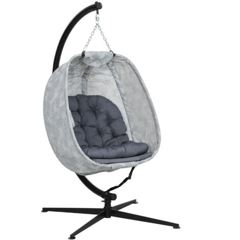 Hanging Egg Chair Outdoor Indoor Garden Swing Chair with Folding Basket, Garden Hanging Chair with Stand, Thickened Cushion, Cup Holder for Patio, Balcony, Grey (1/5)